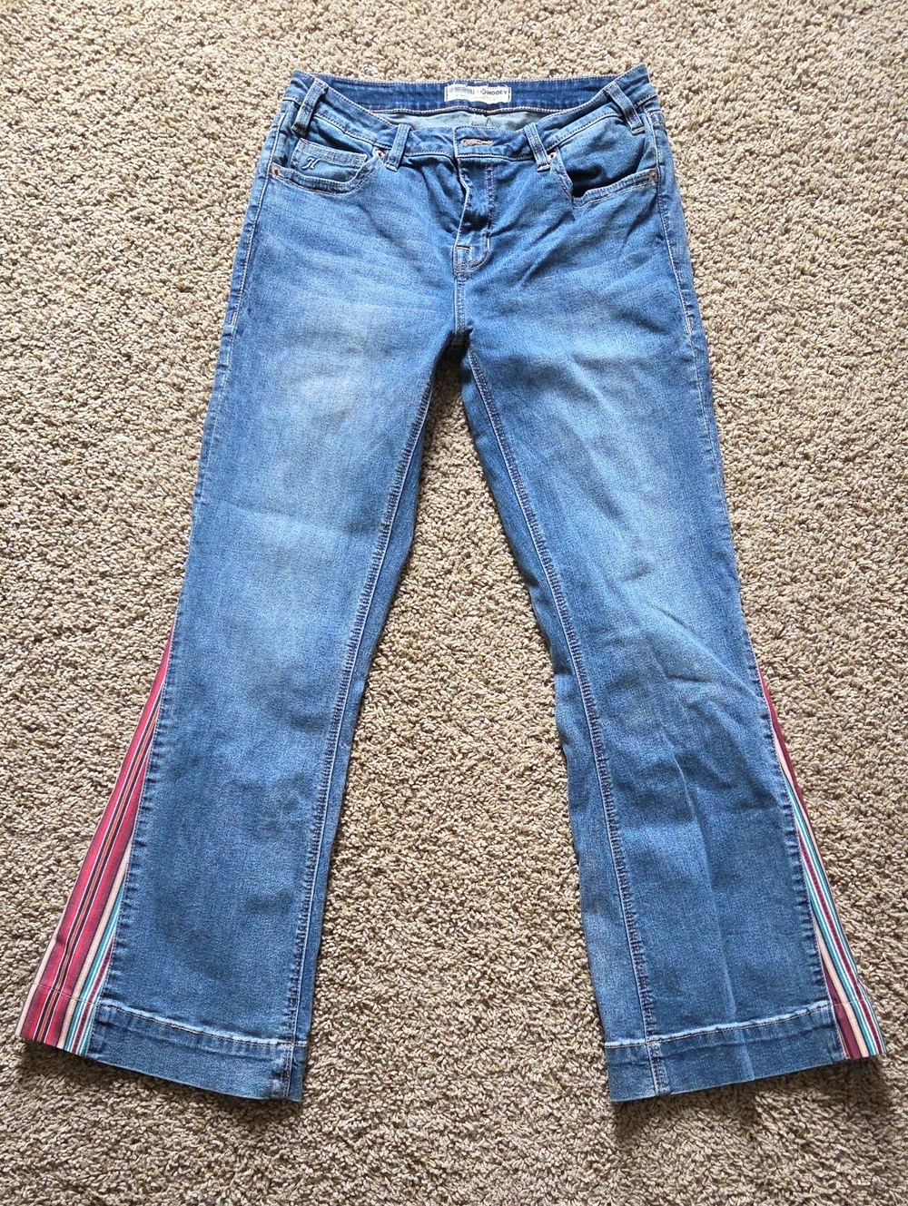 Hooey Women’s Blue Denim Jeans 29W 32L with Red Stripe Side Panel